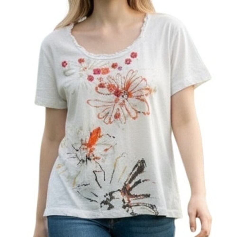 Oleg Cassini Sport Floral Vintage Tee Womens Medium White Embellished Casual Top